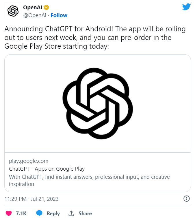 Openai اعلام کرده است که اپلیکیشن ChatGPT برای دستگاه‌های اندروید عرضه می‌شود!