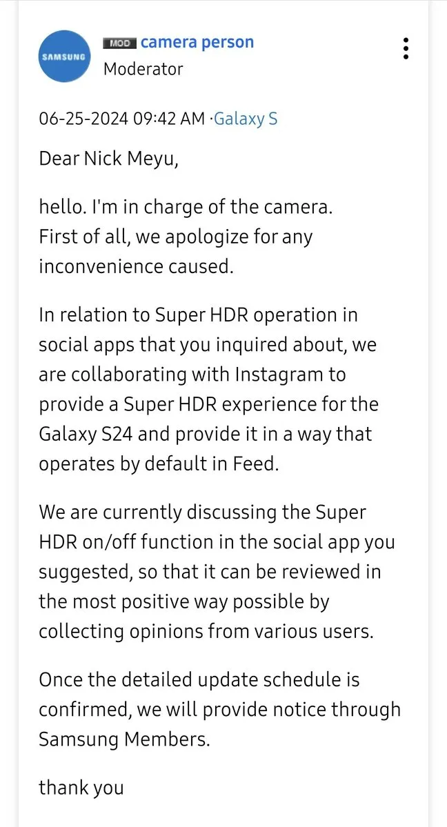 سامسونگ به دنبال پشتیبانی بهتر Super HDR گلکسی اس 24 در اینستاگرام است