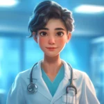 A young female doctor in a white coat is standing in a hospital