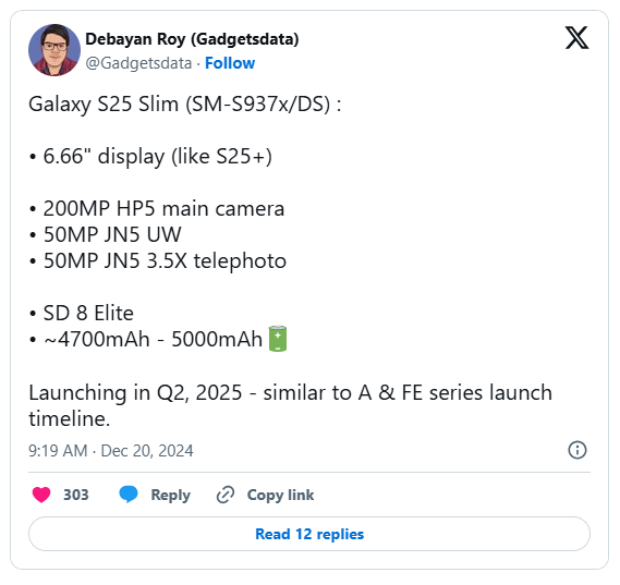 Samsung Galaxy S25 Slim specs leak