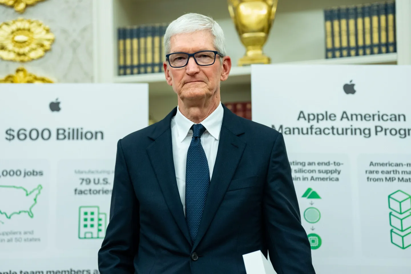 Tim Cook, chief executive officer of Apple Inc., in the Oval Office of the White House in Washington, DC, US, on Wednesday, Aug. 6, 2025.