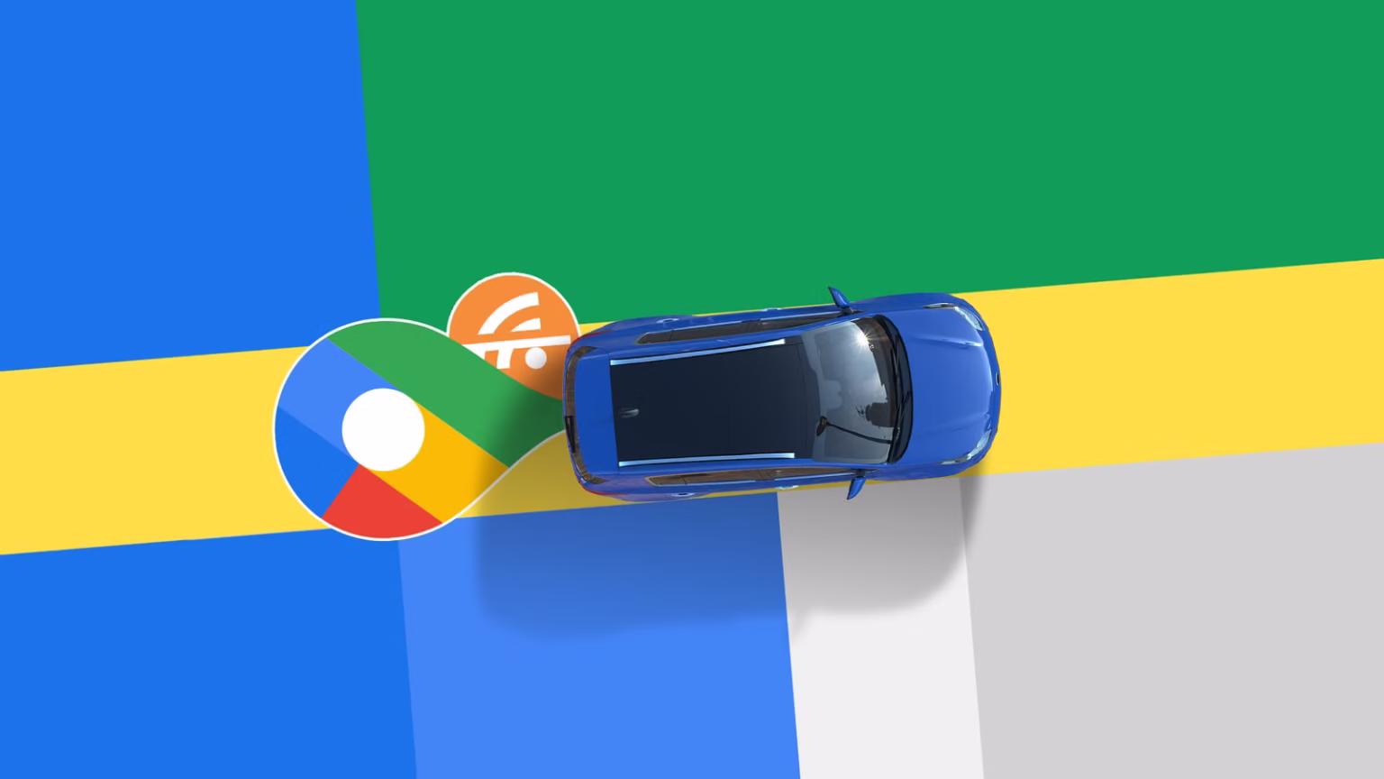A Blue Car Drives Across A Stylized Google Maps Background With The Google Maps Pin Icon And A Wi Fi Symbol Crossed Out Behind