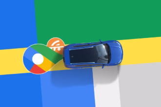 A Blue Car Drives Across A Stylized Google Maps Background With The Google Maps Pin Icon And A Wi Fi Symbol Crossed Out Behind