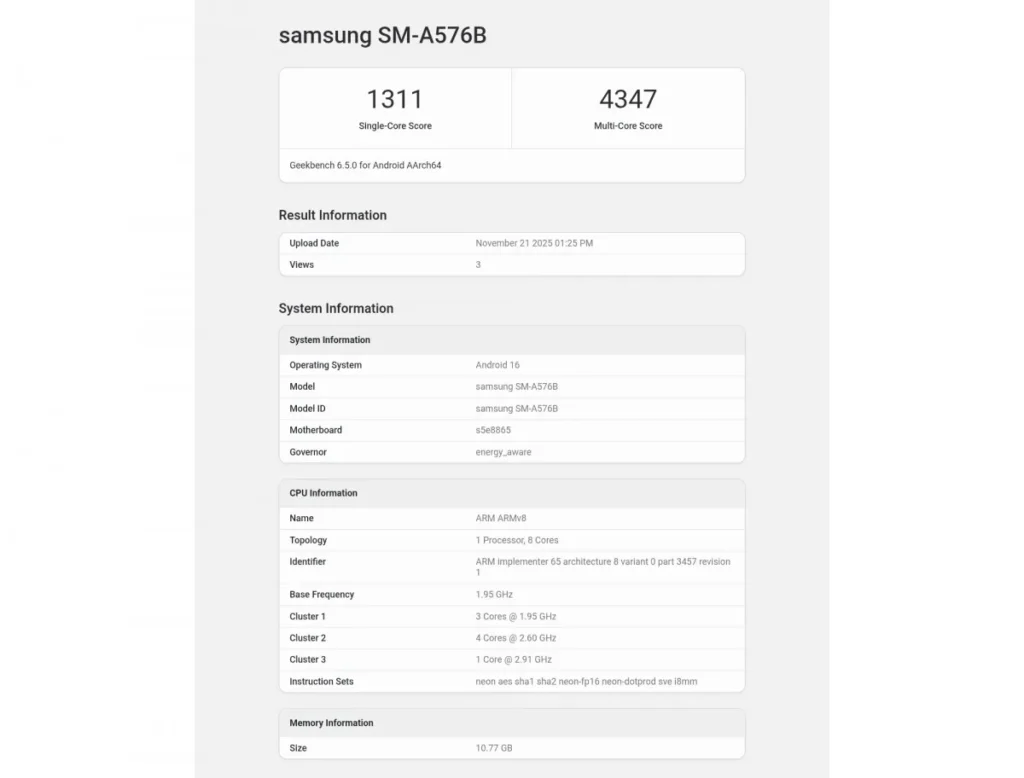 سامسونگ گلکسی A57 Geekbench